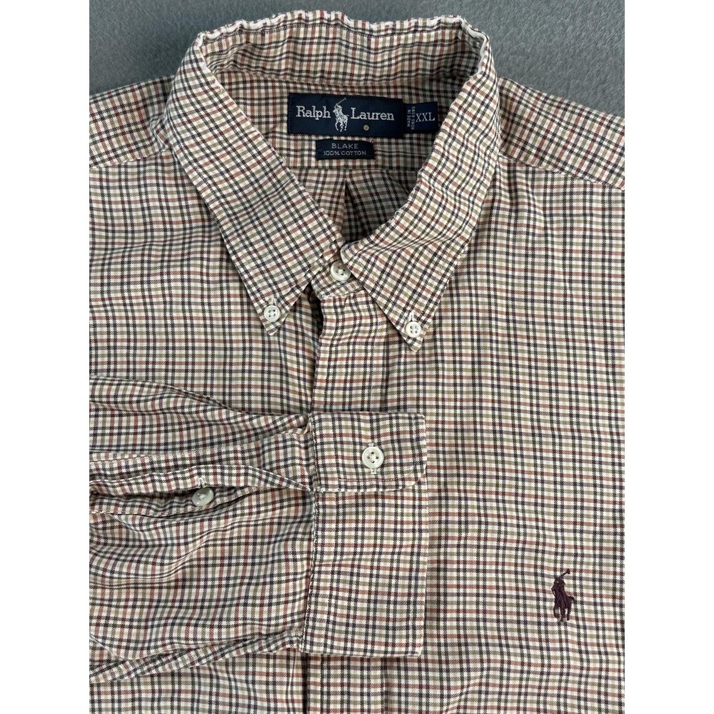 Ralph Lauren Blake Shirt Mens 2XL Beige Check Button Down Long Sleeve Cotton